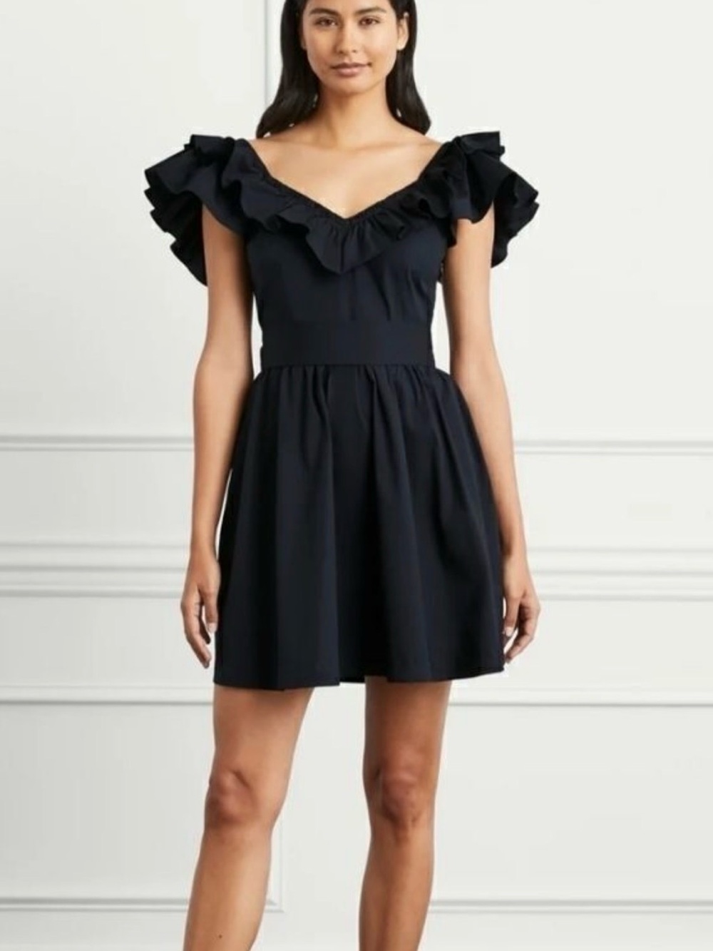 Hill House Ana Black Ruffle-Trim V-Neck Mini Dress